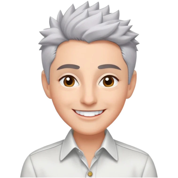 Close-up portrait of Marian Pabón with defined facial structure, light pinkish skin, almond eyes, arched eyebrows, charismatic wide smile, short spiky gray hair, wearing a formal white buttoned shirt emoji