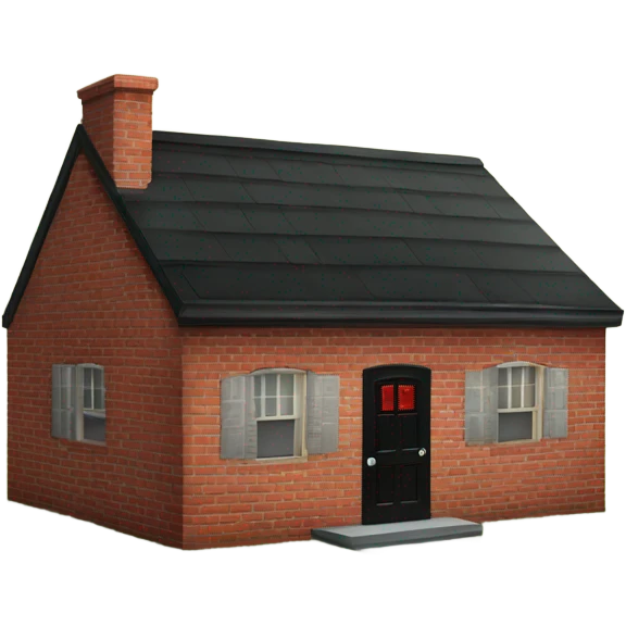 One story Small red brick house with black roof with a red door and one window  emoji