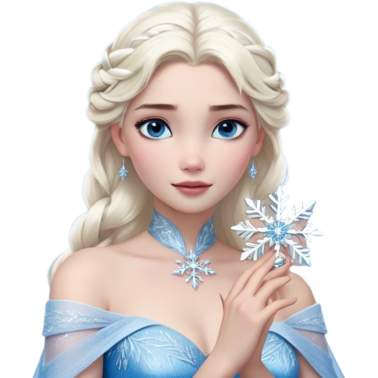 Cinematic Realistic Elsa Portrait, depicted with lifelike skin texture, soft natural lighting, and intricately detailed platinum blonde hair styled elegantly. Her striking, expressive blue eyes exude confidence and grace, complemented by a serene and regal expression. She holds a shimmering snowflake delicately in one hand, her other hand resting against her gown, embodying the power and beauty of winter. She is dressed in her signature icy attire, with shimmering fabric textures and delicate folds that catch the light beautifully. The portrait features a soft, enchanting glow with a cool, radiant finish, capturing the essence of timeless elegance in a realistic and painterly style. emoji