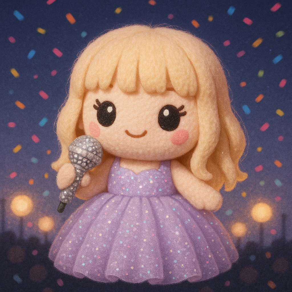 Pretty and girly Blonde pop star with bangs wearing a sparkly tulle light purple ballgown, holding a bedazzled microphone, reimagined as a soft kawaii plushie doll, with a nighttime concert backdrop with colorful confetti emoji
