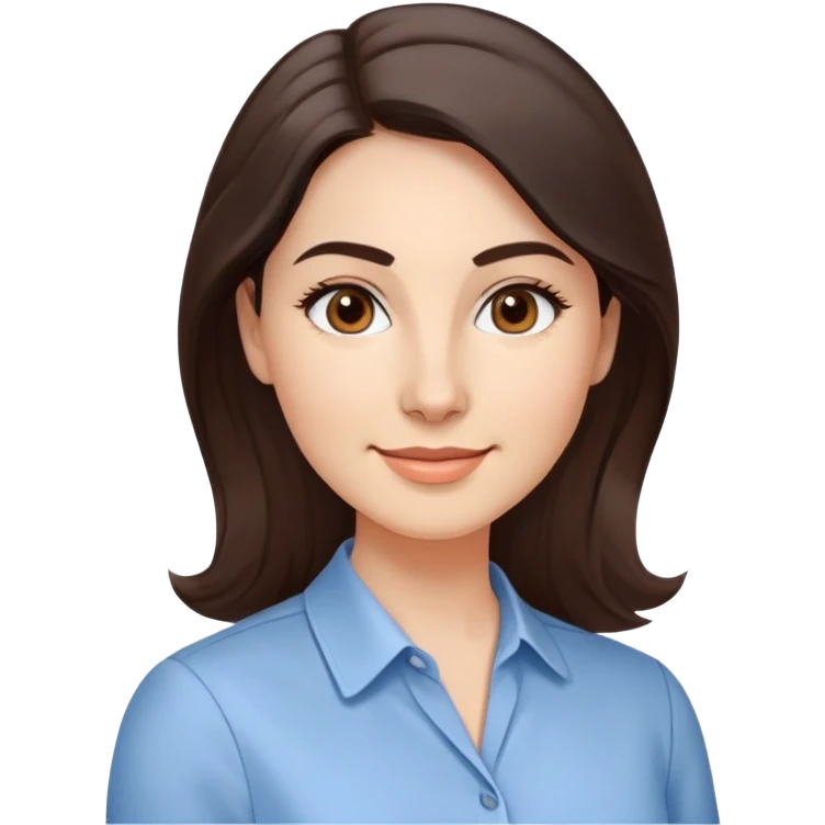 Professional woman in her 30s with light complexion, oval face, gentle features, large dark brown eyes, well-formed medium eyebrows, small nose, warm friendly smile, long slightly wavy dark brown hair with soft volume, wearing a light blue dress shirt emoji