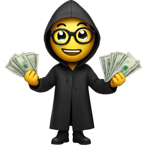 Smiley face in black glasses with money in his hands in a black raincoat emoji