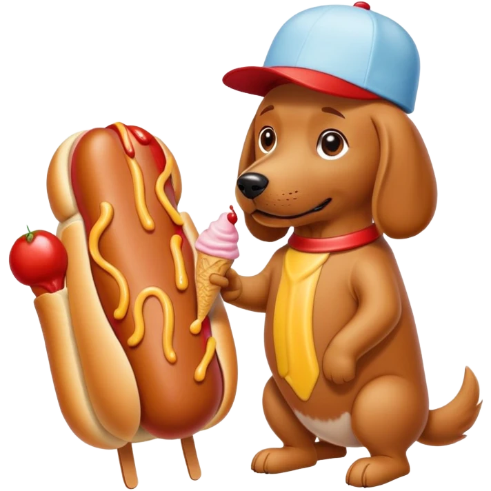 Make me a dog with a hot dog body suit a ketchup hat and he is eating ice cream while being pet by owner emoji