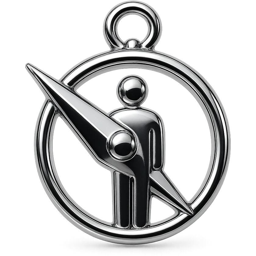 Minimal flat icon of a compass merged with a lone human figure, symbolizing autonomy and exploration. emoji