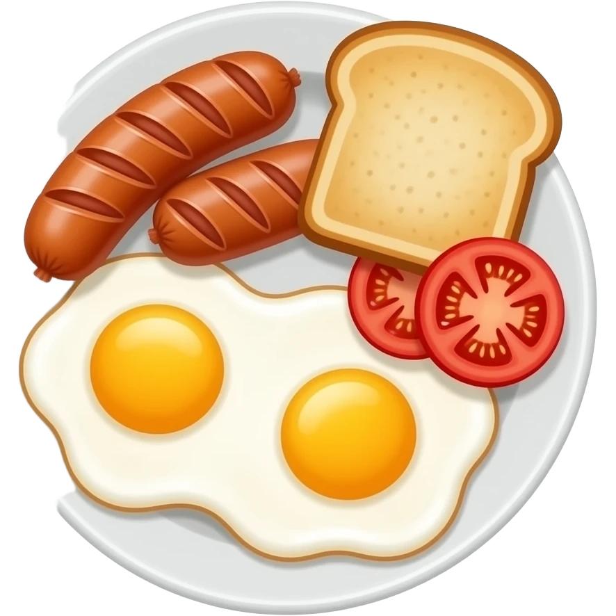 egg and sausage breakfast plate with sunny side up eggs, grilled breakfast sausages, sliced tomatoes and bread toast, emoji