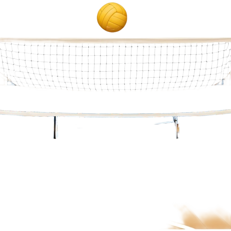 A close-up of a volleyball on the court, with the net in focus and the court markings visible. The background shows the stands filled with spectators, creating an energetic atmosphere of a volleyball match, with attention to detail on the equipment and the surrounding environment. emoji