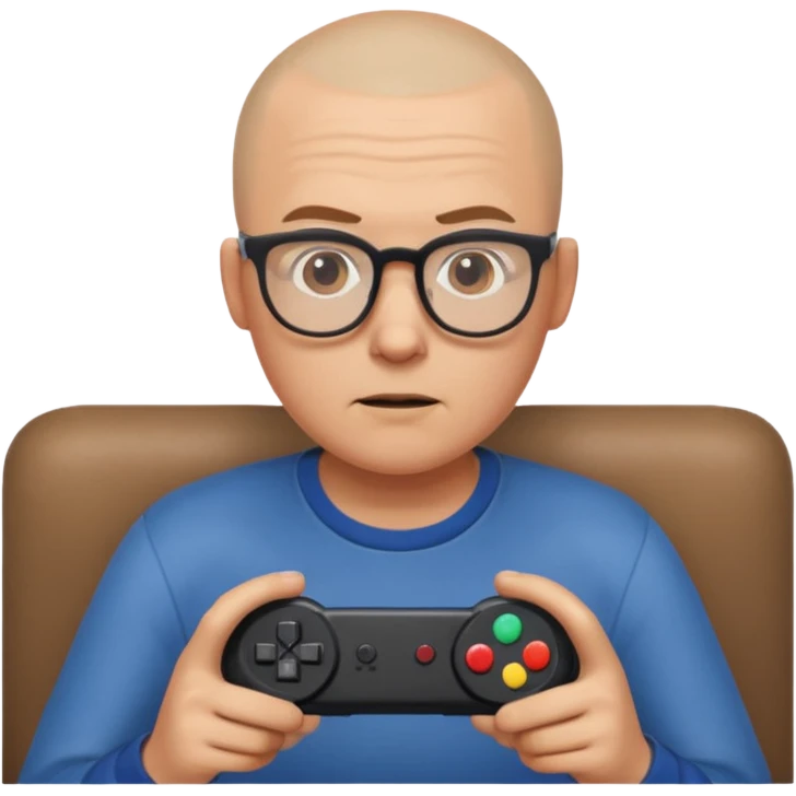 Homme qui joue à la console avec des lunettes et crâne raser emoji