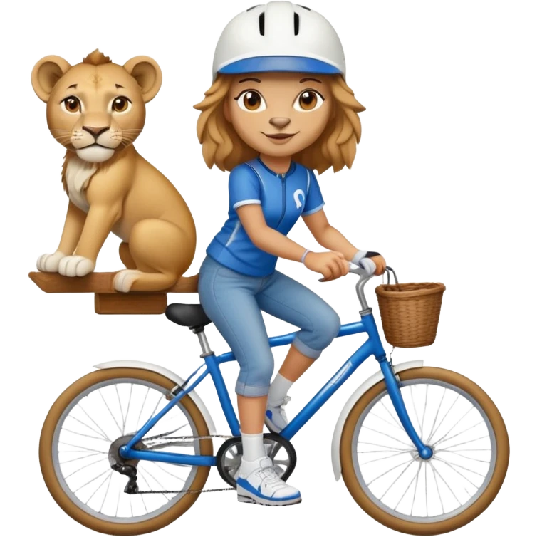 friendly anthropomorphised female lion wearing a baseball shirt, jeans, trainers, and a cycling helmet, cycling a bike emoji