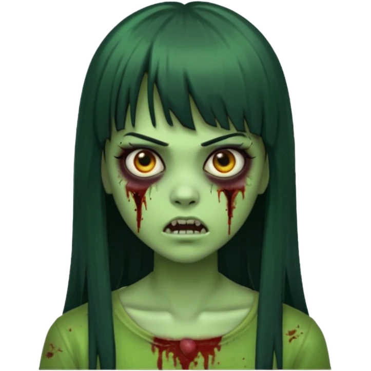 Faça uma menina de cabelo liso preto com franja zumbi cabelo longo 🧟‍♀️ faça ela assim faça ela verde com cara mais assustadora emoji