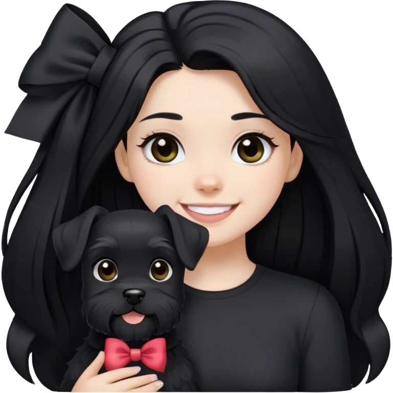 pale girl smiling with light eyes and long black hair wearing black shirt with bow and smiling black schnauzer  emoji