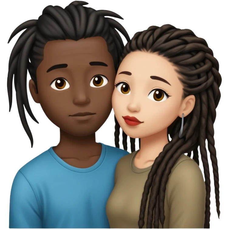 Half bold Asian girl kissing black guy with dreads emoji