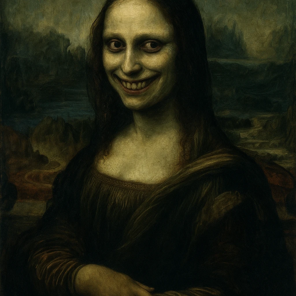 Mona Lisa in an oil painting style, with a creepy smile, unsettling eyes, and an eerie atmosphere emoji