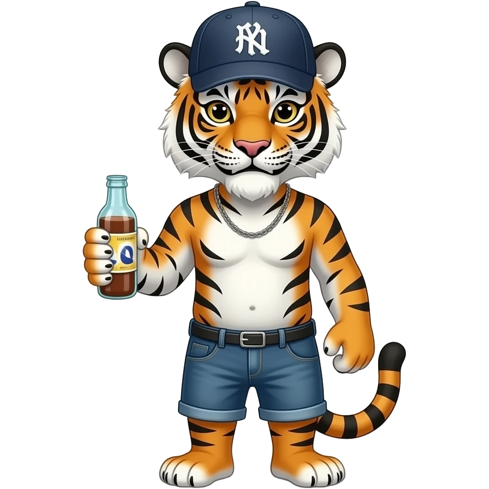 A ghetto tiger standing with a cap and a bottle in his hand with no clothes emoji