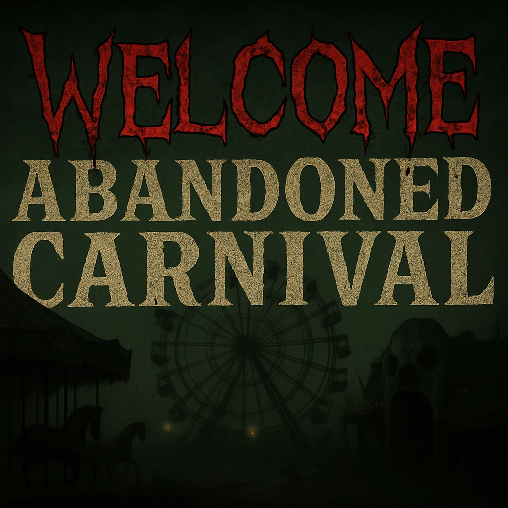 Add the word 'Welcome' in creepy, horror-themed text, integrated into the abandoned carnival banner. The text should have a sinister, eerie style that fits the creepy carnival atmosphere. emoji
