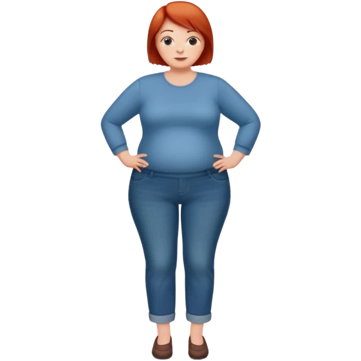 Lazy old Short woman with straight short red hair and fat tummy..wears business casual jeams and full sleeve  tshirt emoji