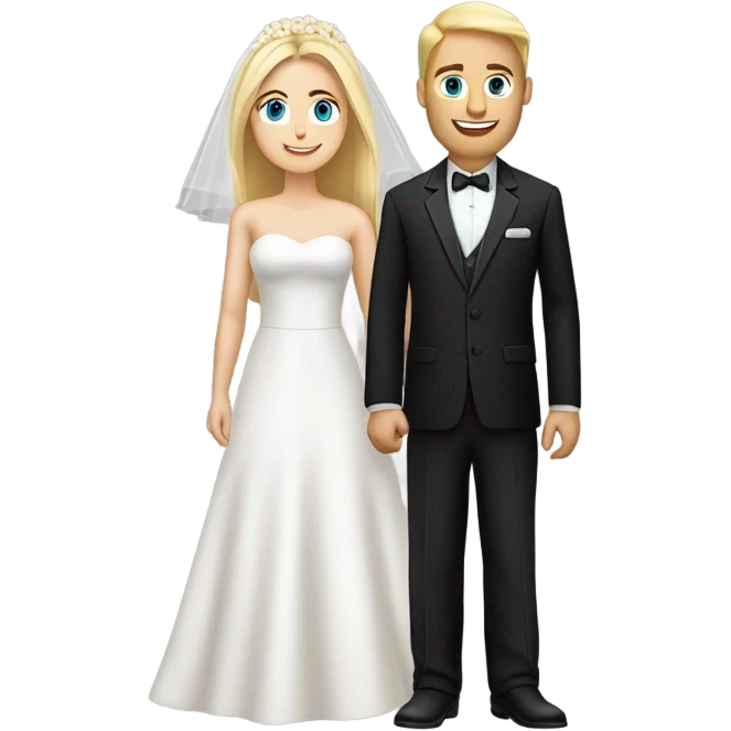 bride in white dress, blonde, blue eyes, white skin with black suit groom, white foot brown hair emoji