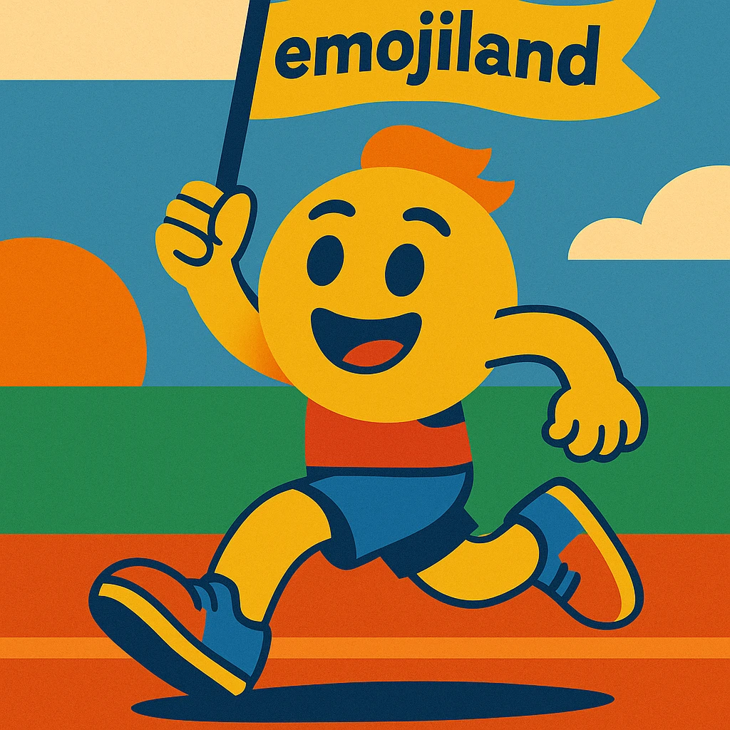 happy runner waving a flag that says 'emojiland' emoji