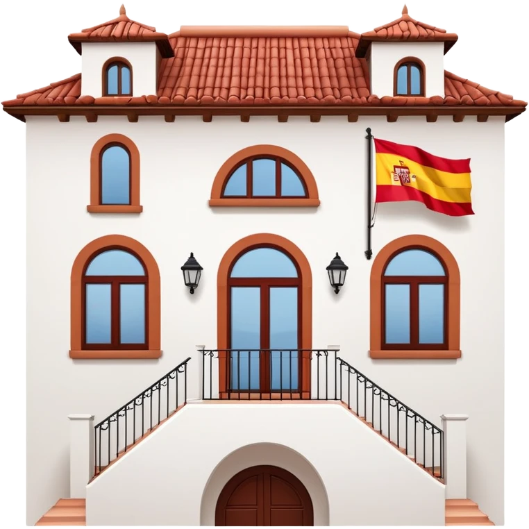 White stucco Spanish villa with red clay tile roof, arched windows, with Spanish flag (red-yellow-red horizontal stripes) hanging from the balcony emoji