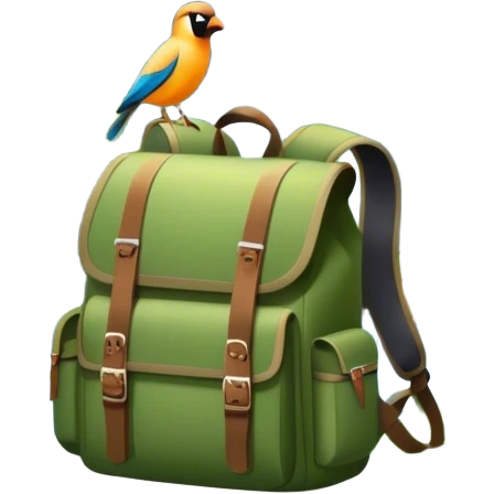 Icon for Ecotourism: lightweight hiking backpack and a scenic landscape with lush green forests, a waterfall, and wildlife, such as birds or animals in background. Transparent background. emoji