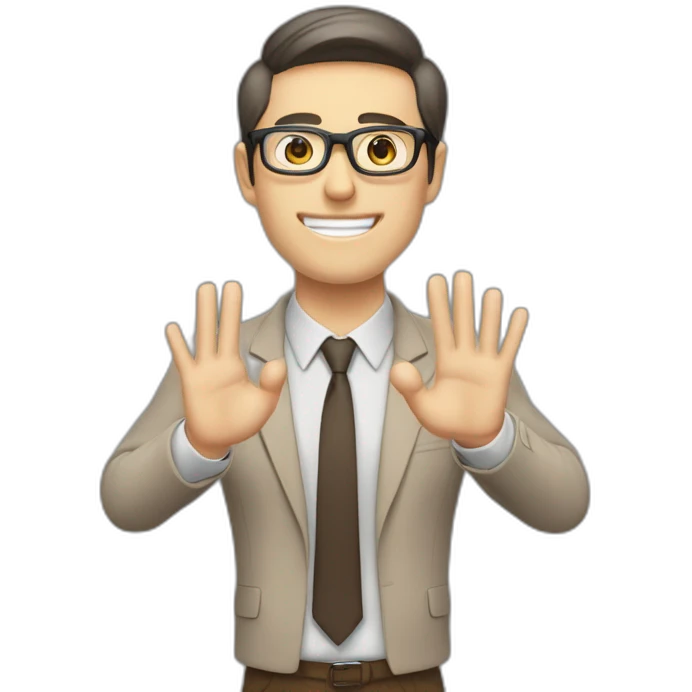 To belt Actively gesturing with hands Okay Pale skinned fit man with dark brown hair in gray jacket, beige office shirt, brown tie, brown pants and vintage glasses. emoji