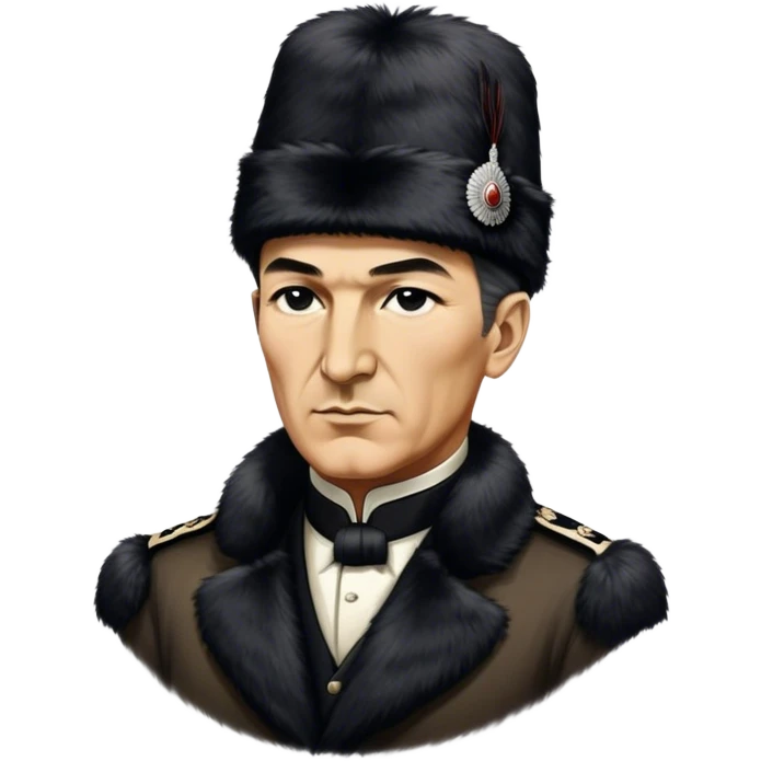 ​Cinematic Realistic Portrait of a Young Mustafa Kemal Atatürk, depicted wearing an iconic tall black fur hat along with traditional attire, his confident, visionary expression illuminated by warm, inspiring lighting, rendered with rich historical textures that capture his youthful dynamism and transformative leadership, emoji