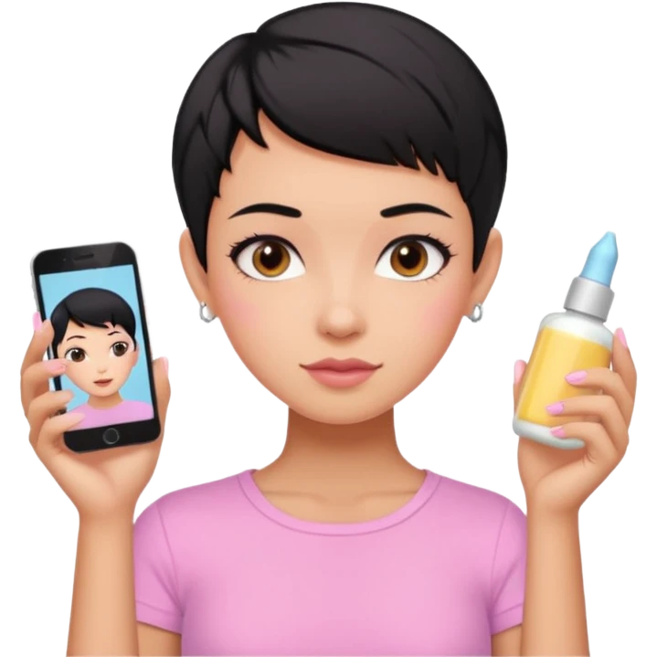tan girl pink shirt with black hair & a pixie, cut no earrings, doing cute pastel colors skin care emoji