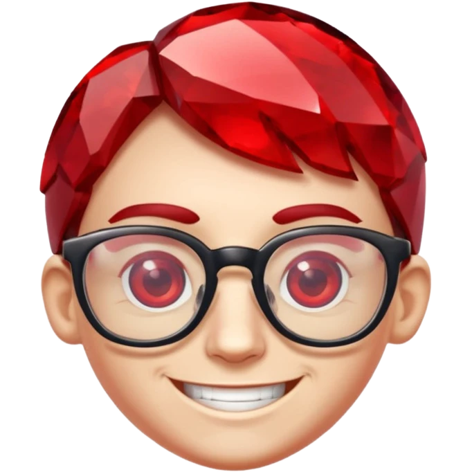 A single red crystal gemstone character wearing glasses,  irregular with faceted very sharp sides, smile, , high detail, emoji