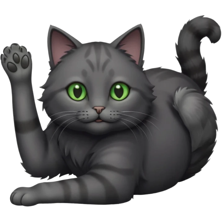 solid dark grey cat with green eyes, completely solid grey face, white toes/paws playfully rolling upside down emoji