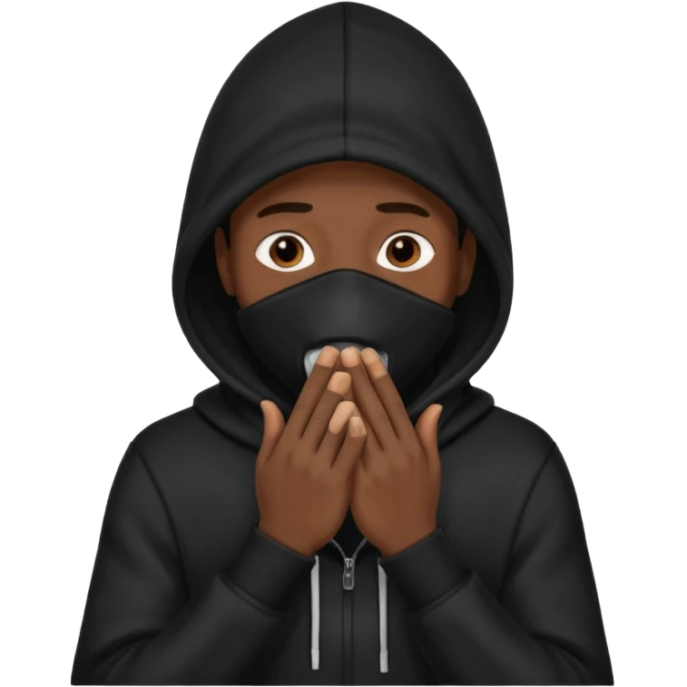 fait un homme avec une cagoule noir qui couvre sa tête, ses mains doivent être sur sa bouche comme si il se la cachait  emoji