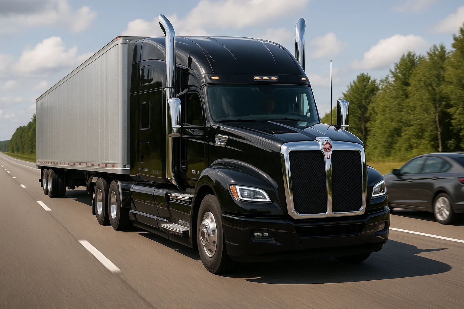 A realistic scene of a 2026 Kenworth W680 sleeper semi truck, black with chrome stacks, driving down the road with a car in front. The scene includes a visible road and background, capturing the truck and car in motion with detailed realism. emoji