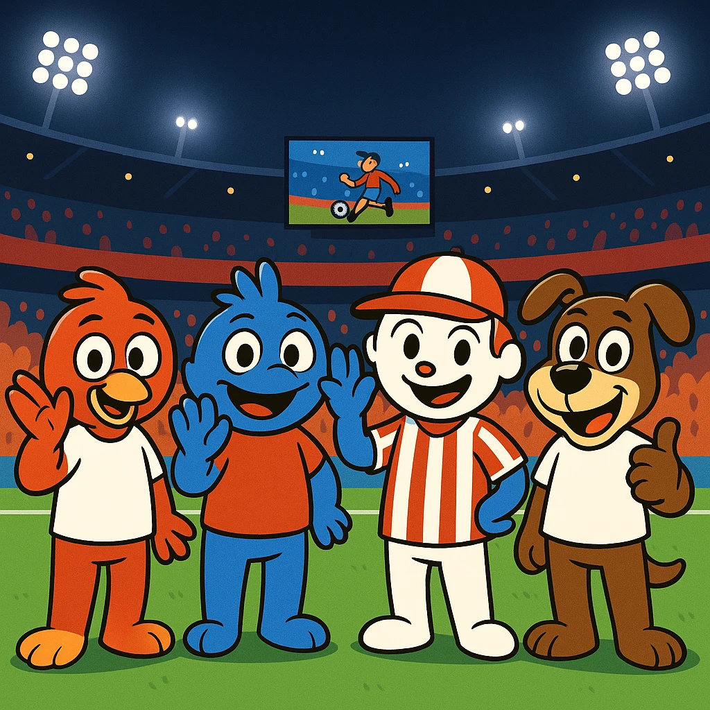 Make the five mascots much more cartoonish and exaggerated, with playful expressions and bold, fun shapes, while keeping the vibrant night soccer stadium, bright lights, green grass, red seats, large screen, and crowd in the background. Preserve the mascot colors and positions. emoji