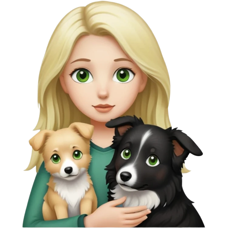 Girl, blonde green eyes holding a black border collie  emoji