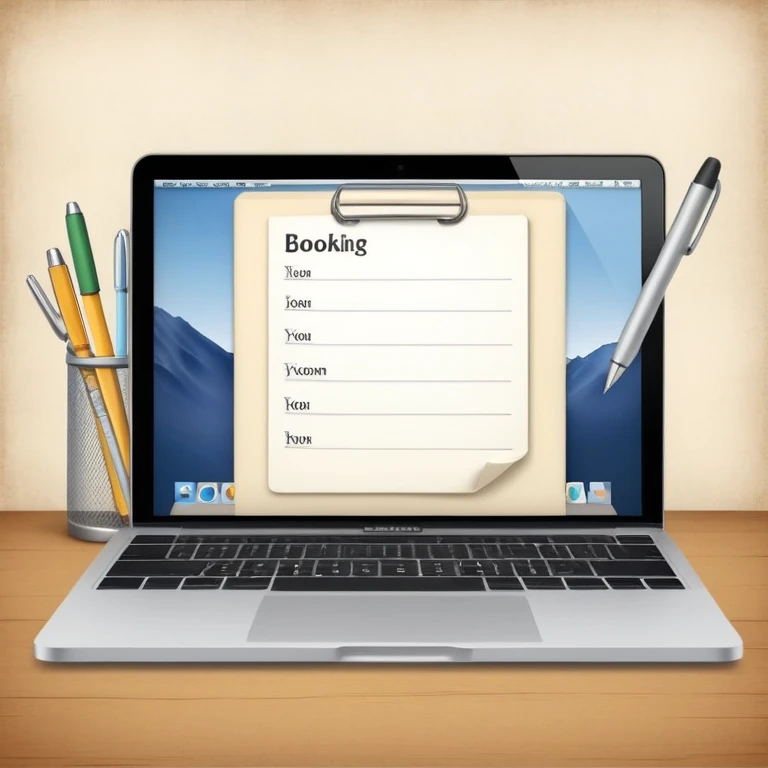 online booking system on MacBook screen next to an old-style paper notebook with a pen emoji