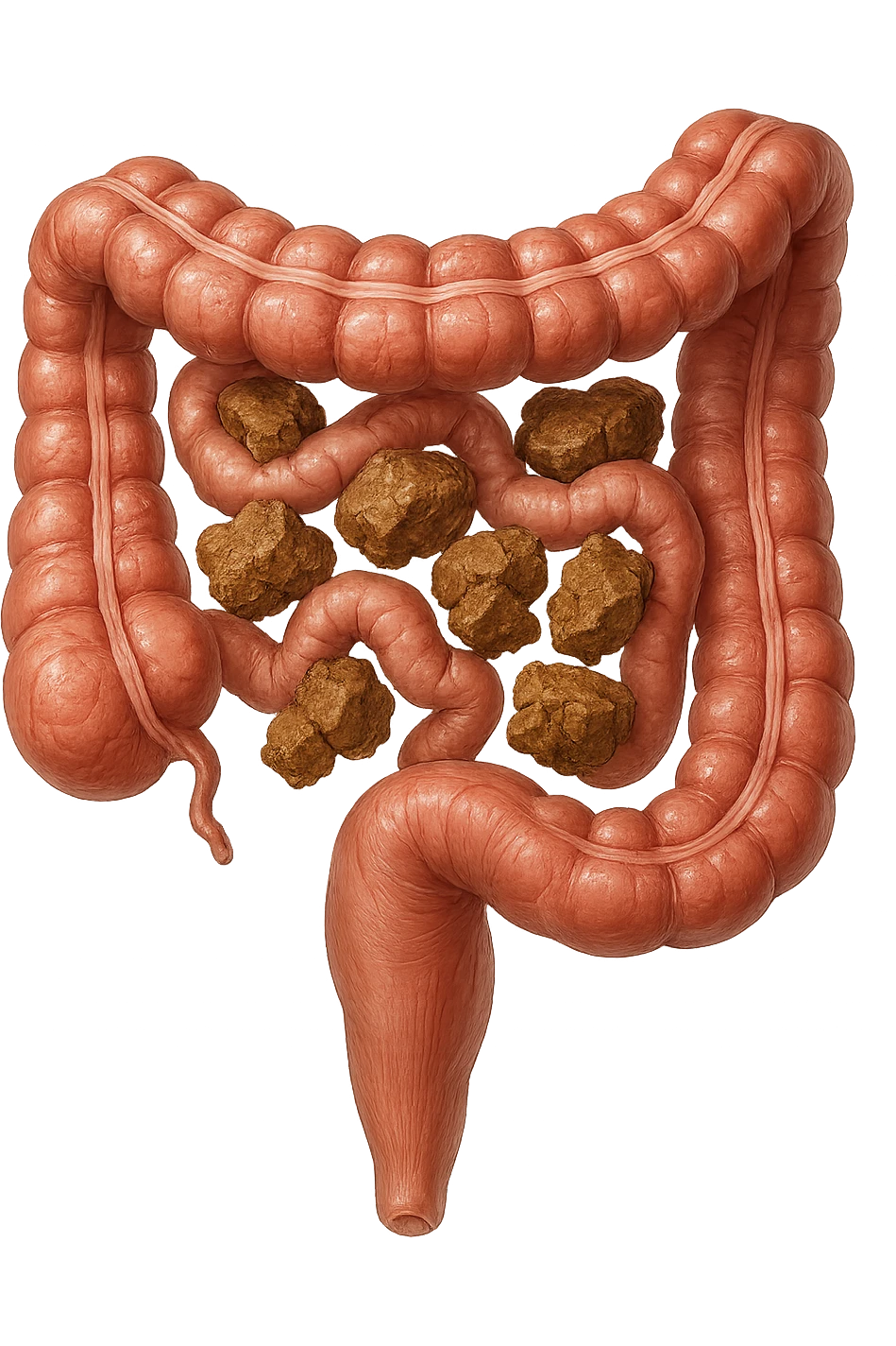 intestino umano anatomico realistico con feci spezzettate iperrealistiche sotto emoji