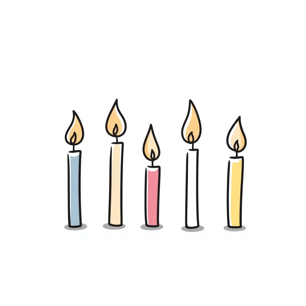 a group of candles of different heights, some lit with gentle flames, in pastel colors dd9fb0 ffc6d3 a3bfc9 c4bee2 f1b091, detailed hand-drawn doodle style emoji