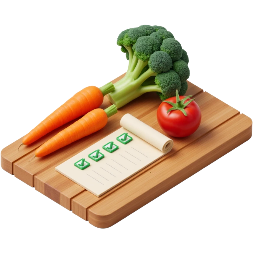 carrot tomato brocoli on the wooden cutting board with floating rolled paper list with green checkboxes emoji