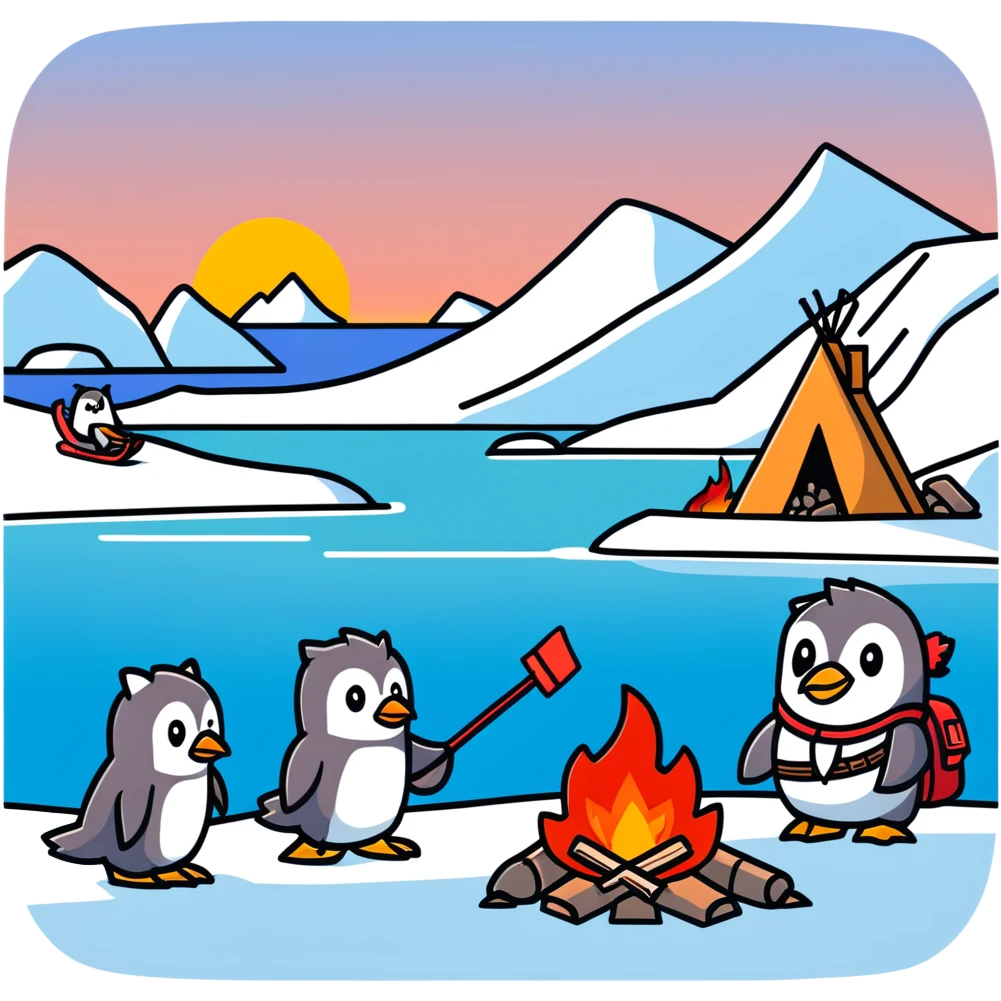 penguin on a rocky polar shore, burning secret documents in a campfire, looking around; distant horizon, two people with wolf sled, rifles, skis emoji