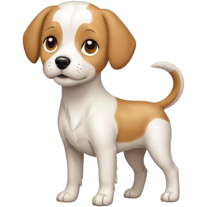 a full body white beagle x maltese x chi dog the size of a kelpie with light brown ears and a light brown patch on one eye emoji
