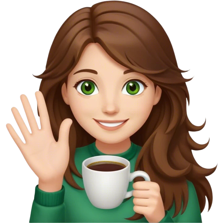 Long, Brown haired girl with middle hair part, with green eyes, smiling, waving with one hand, coffee mug in the other emoji