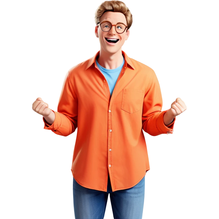 The character is a light-brown-haired young man with a happy expression.  He is wearing glasses, a reddish-orange button-down shirt with a light orange undershirt visible at the collar and cuffs, light-blue jeans, and light gray and white sneakers.  His arms are bent, with hands loosely clenched. He is positioned in a slightly dynamic, energetic pose.  The style is typical of animated series such as Family Guy , known for its exaggerated features and simple line art. The character's facial features are slightly exaggerated. The background is pure white. emoji