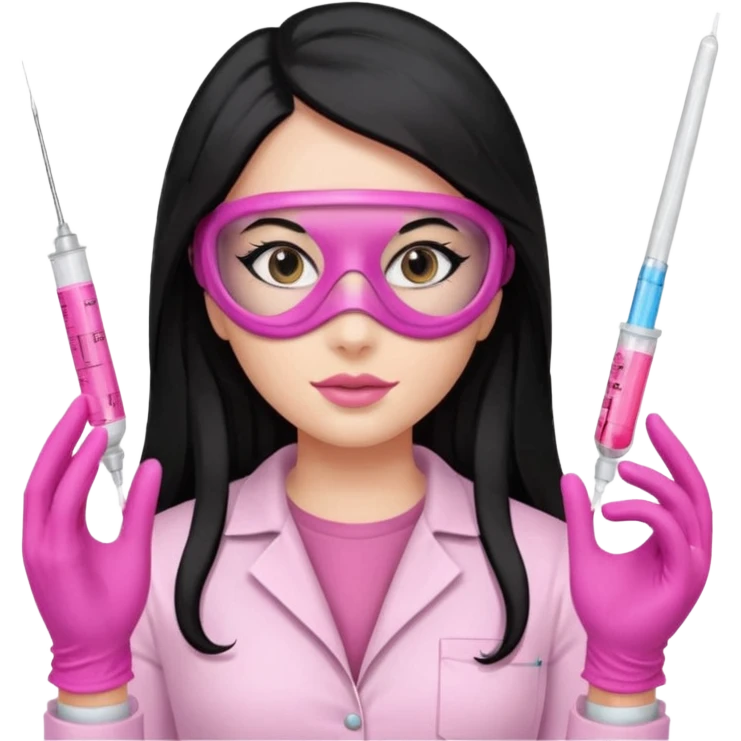 laboratorista con guantes rosa y mascarilla rosa jeringa tubos sin lentes pelo lacio negro y largo emoji