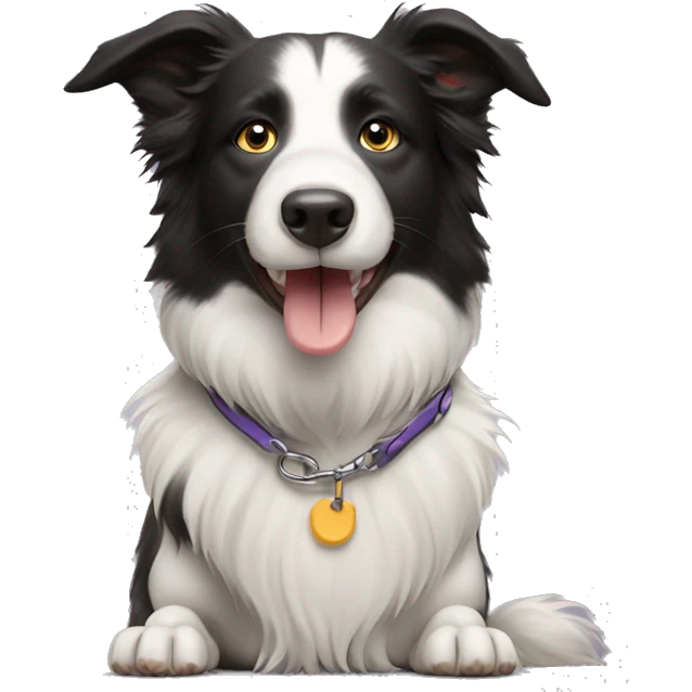Border collie dog sitting down with tongue out and leash emoji