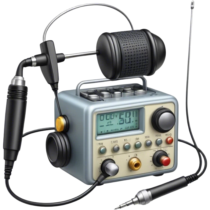A photorealistic icon featuring a ham radio transceiver, headphones, microphone, antenna, radio equipment like soldering tools and cables, soldering iron in use. The design includes detailed textures and realistic lighting. Transparent background. emoji