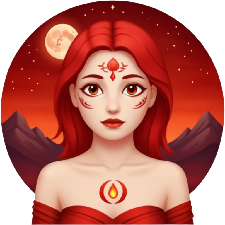 Woman standing under red moonlight, bare shoulders, ritual markings faintly glowingWoman standing under red moonlight, bare shoulders, ritual markings faintly glowing emoji