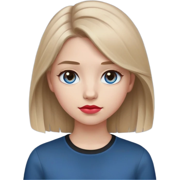 Emoji teenage girl, ash darker almost brown blonde hair, blue eyes, black shirt, hair a little longer than over shoulders, red pinkish lips, blue grey eyes emoji