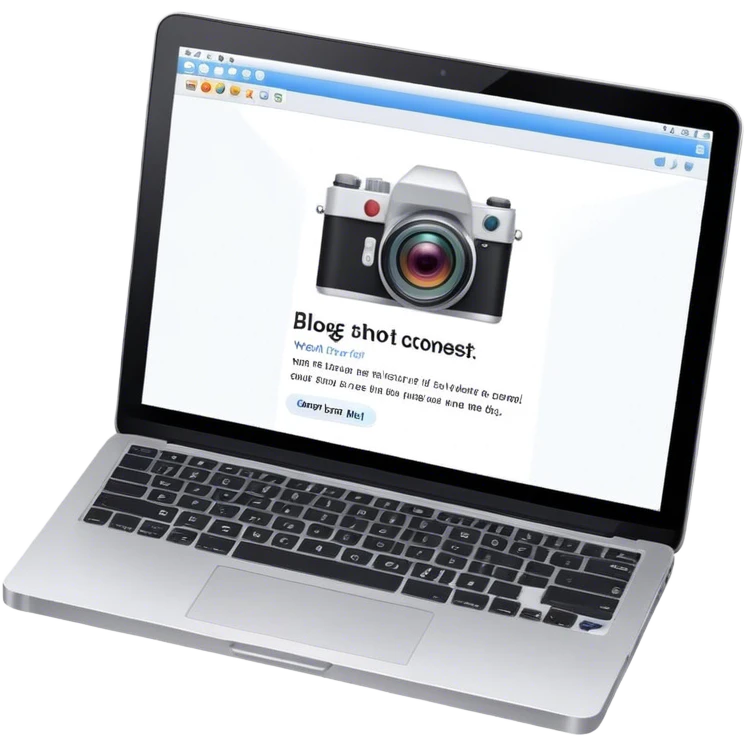 Create an emoji representing blogging. The design should feature an open laptop with a visible blog post on the screen, showing text. Add a photo or video camera to emphasize multimedia content. Do not include any emojis or smiley faces. Make the background transparent. emoji