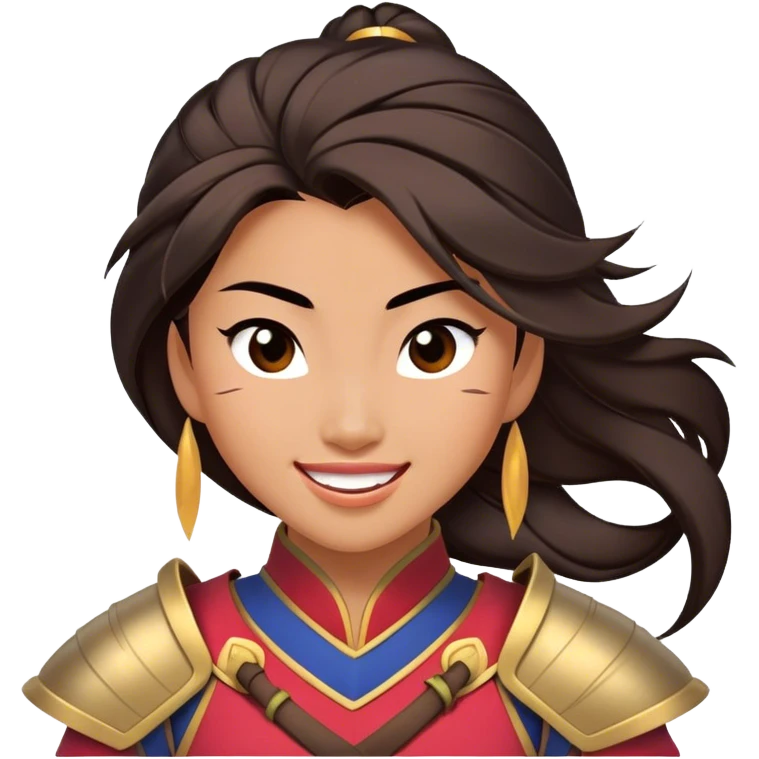 Cinematic Playful Mulan Portrait Emoji, Mid-laugh with a strand of hair falling over her face, adjusting her armor, eyes full of adventure, exuding an irresistible mix of beauty and fun, the perfect blend of warrior and princess! emoji