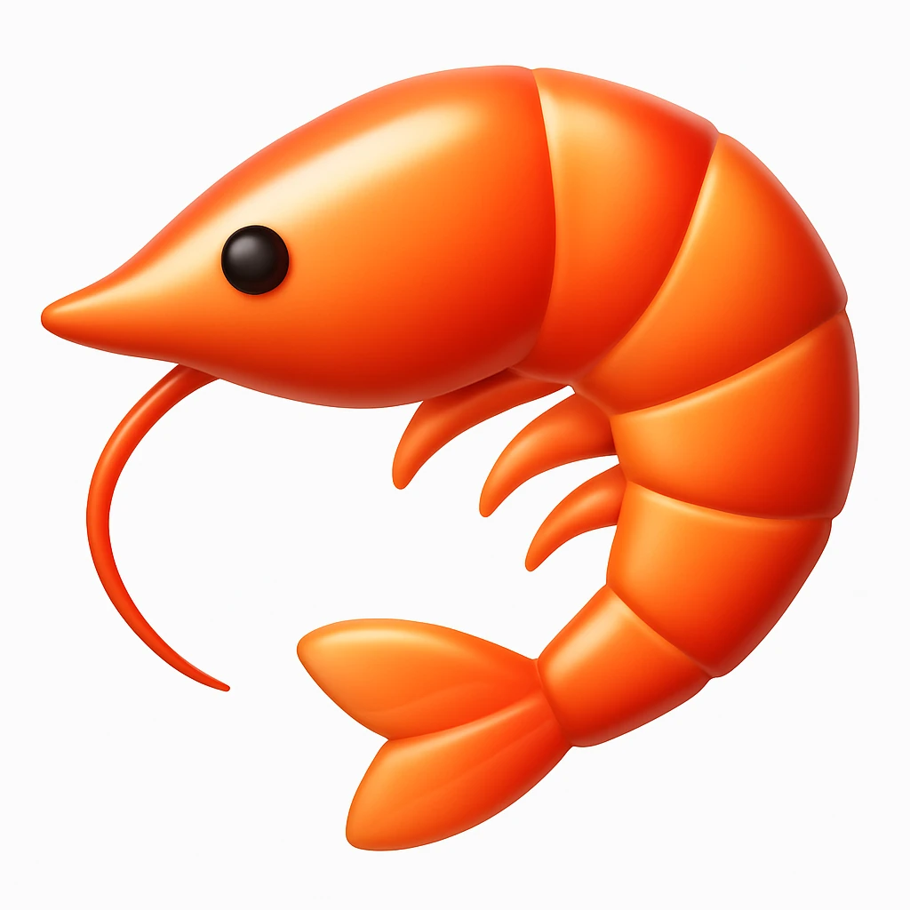Create a shrimp emoji that looks exactly like the reference image in iOS emoji style. The emoji should have a 3D appearance with shiny, smooth gradients, soft shadows, and a realistic shrimp shape, capturing the classic emoji look. emoji