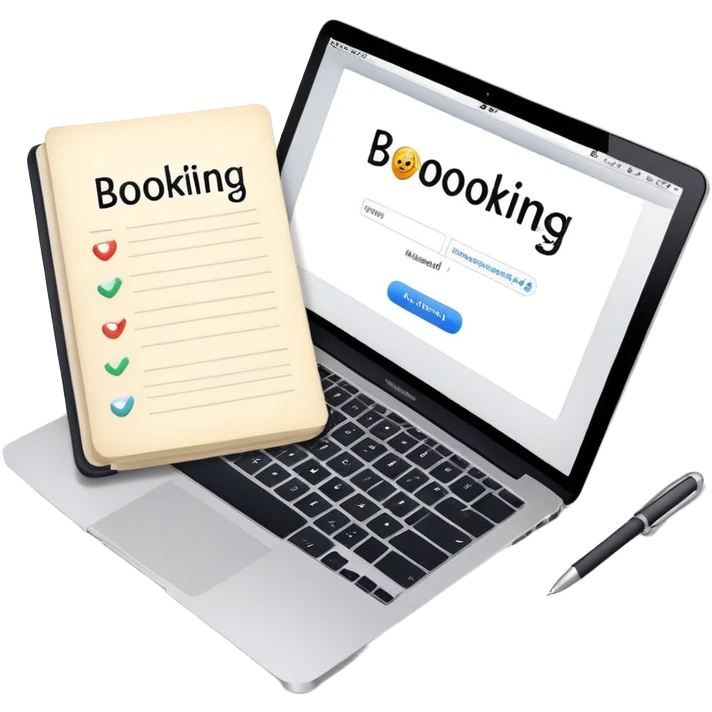 online booking system on MacBook screen next to old-style paper notebook with pen emoji