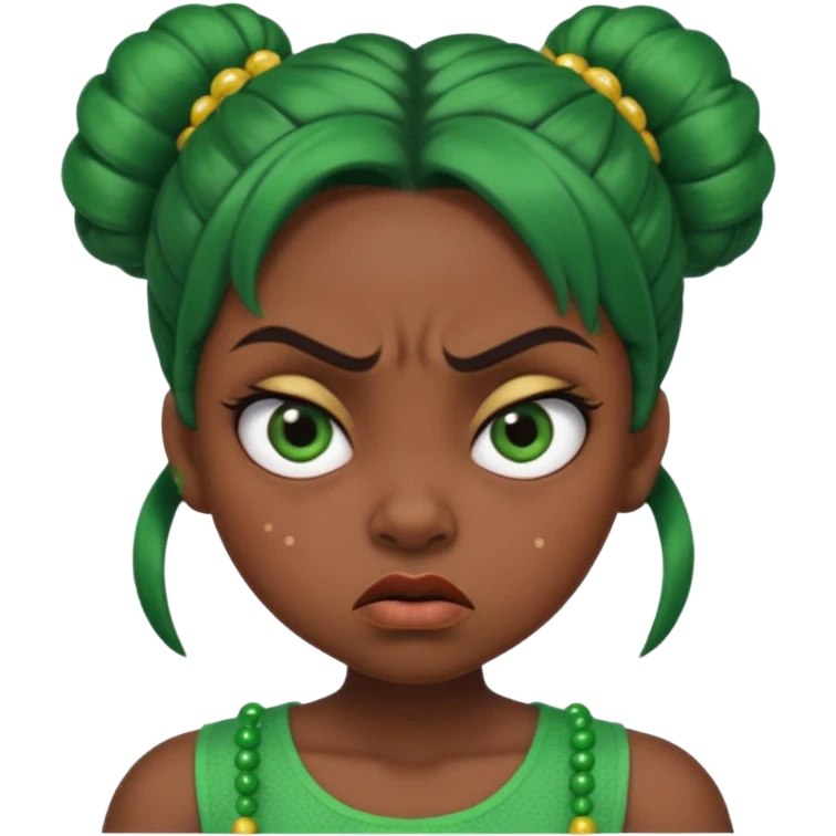 Create a 3D cartoon-style girl character with dark skin, round face, angry expression, big wide eyes, and tightly styled double buns made of green beaded hair. The girl should look irritated, eyebrows sharply angled, and lips pressed in a frown. emoji